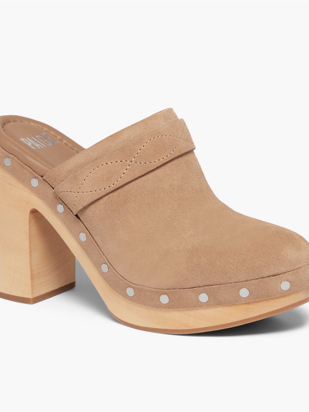 Paige Anna Suede Clog Mule with Studded Wood Heel